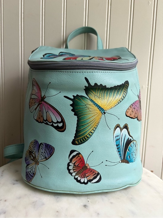 Anuschka Hand-Painted Genuine Leather Bucket Backpack Purse Blue Butterfly Bag main image 9